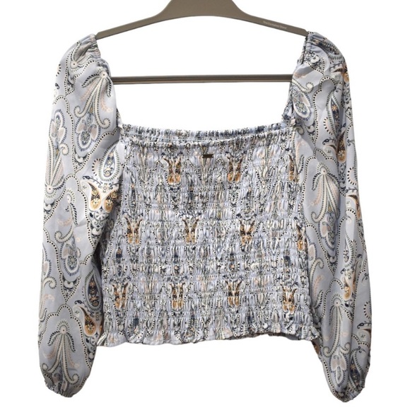 O'Neill Womens Blouse Smocked Square Neck Ballon Sleeves Baby Blue Paisley Print - Picture 2 of 4